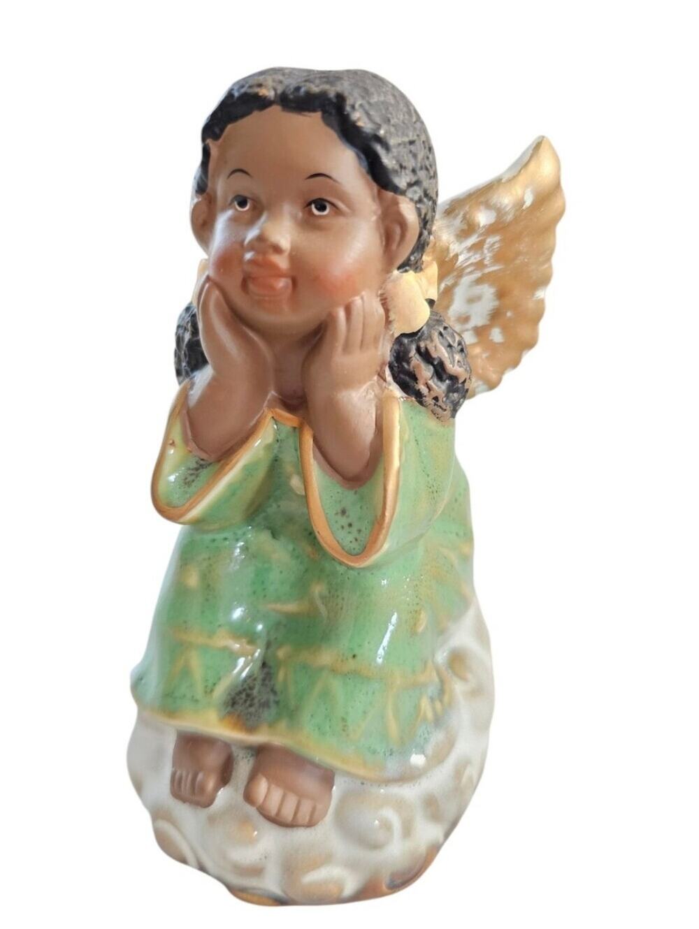 Vintage Hand-Painted Angel Figurine in Green and Gold Sitting On A Cloud